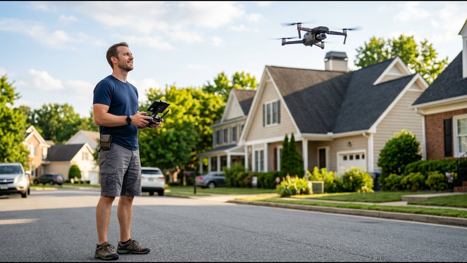 Drone pilot with controller flying a drone above a house roof